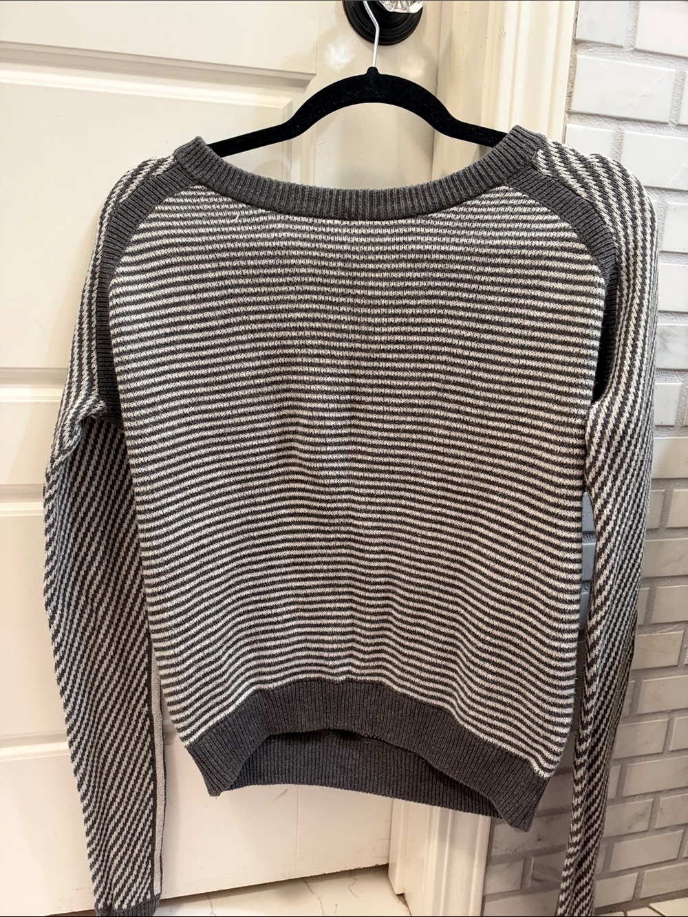 lululemon athletica Gray and White Striped Crewneck Sweater